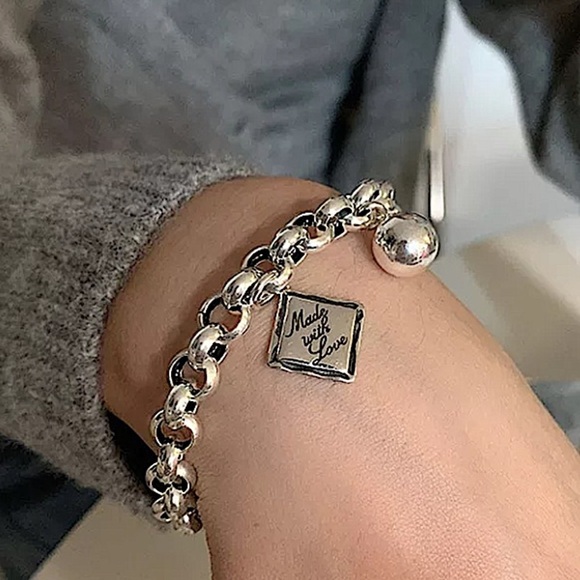 Sterling Silver Made with Love Bracelet Chain Link Ball Charm - Picture 4 of 12